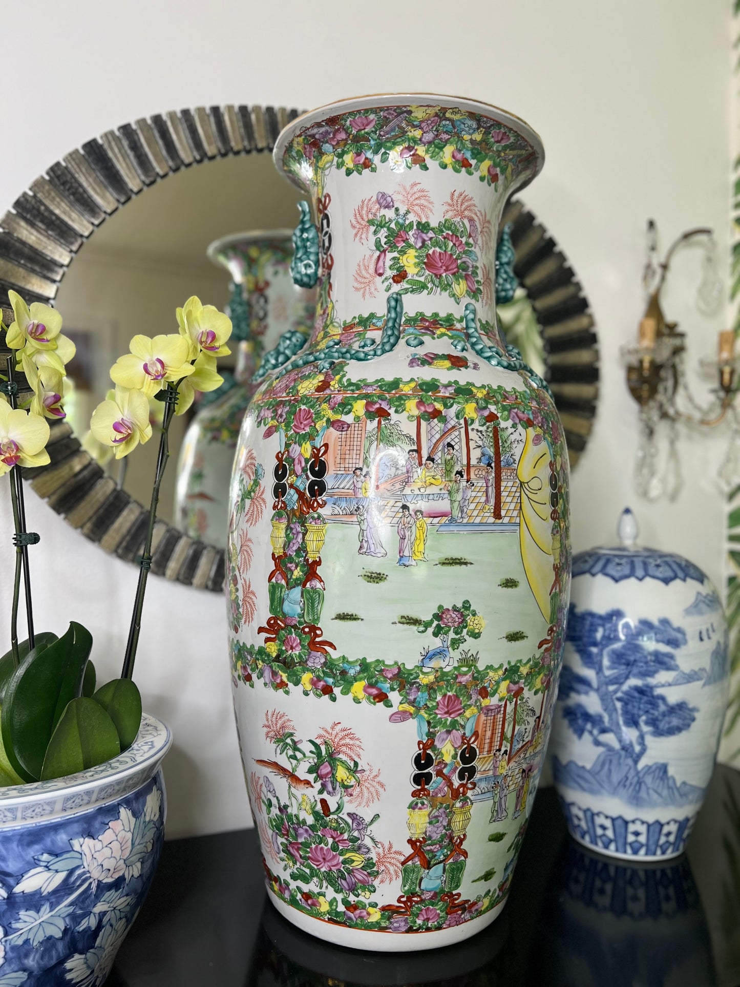 Massive 36” Famille Rose Palace Floor Vase