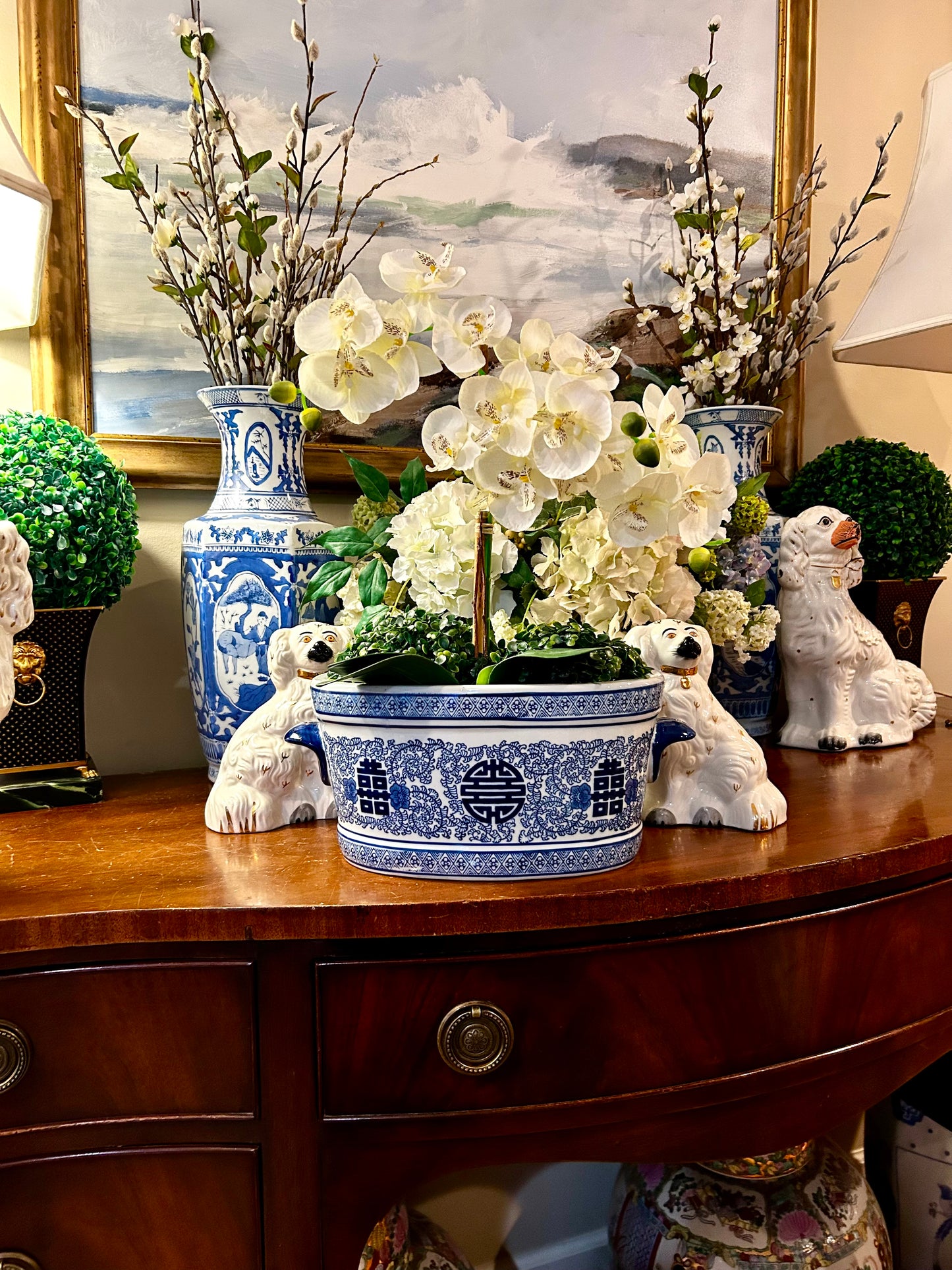 Fabulous chinoiserie chic blue & white foot bath planter centerpiece