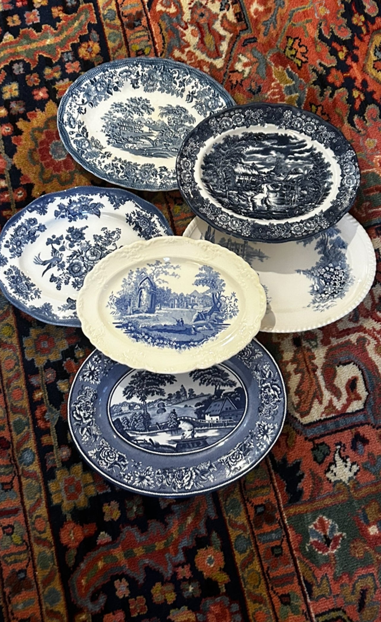 Set of 6 blue & white English oval platters plates