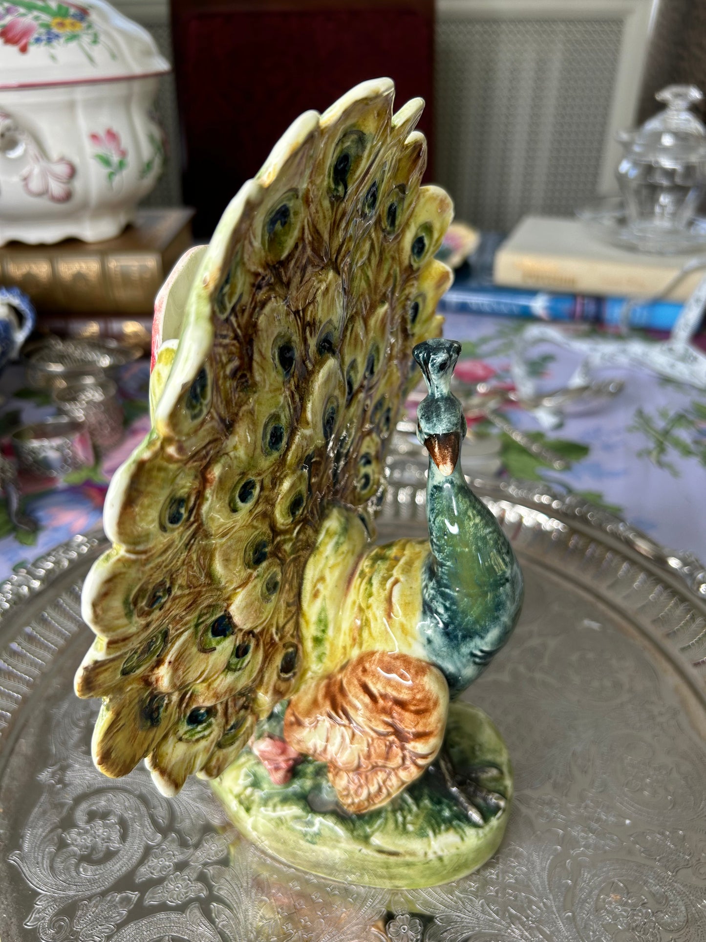 Gorgeous Antique Majolica Peacock Vase 10”