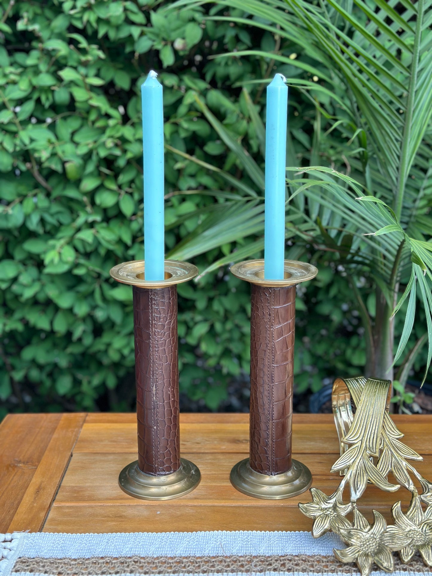 Vintage 10.5" Tall Brass candlesticks, embossed leather wrapped detail