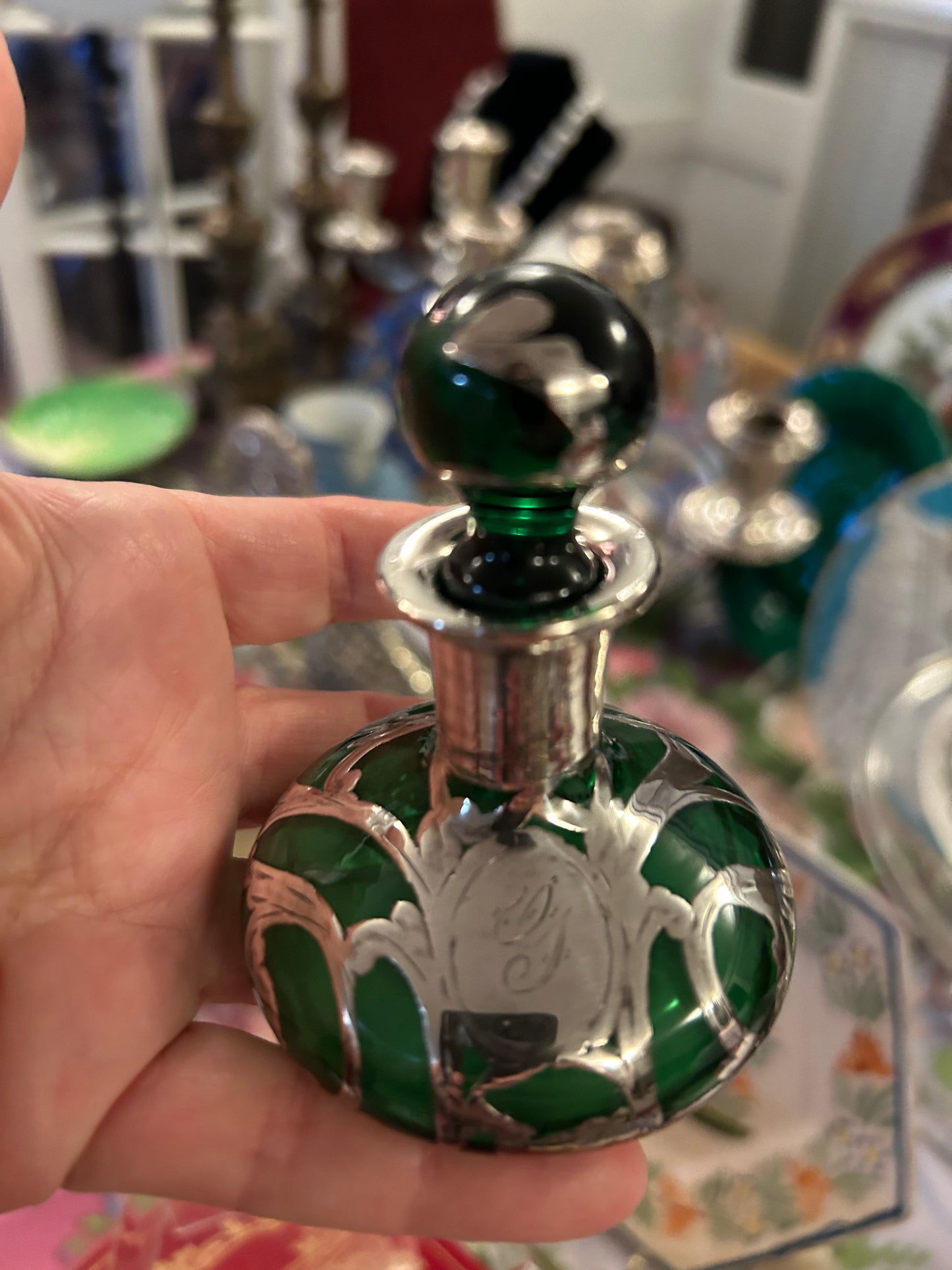 Antique Silver Overlay on Green Glass Perfume Bottle