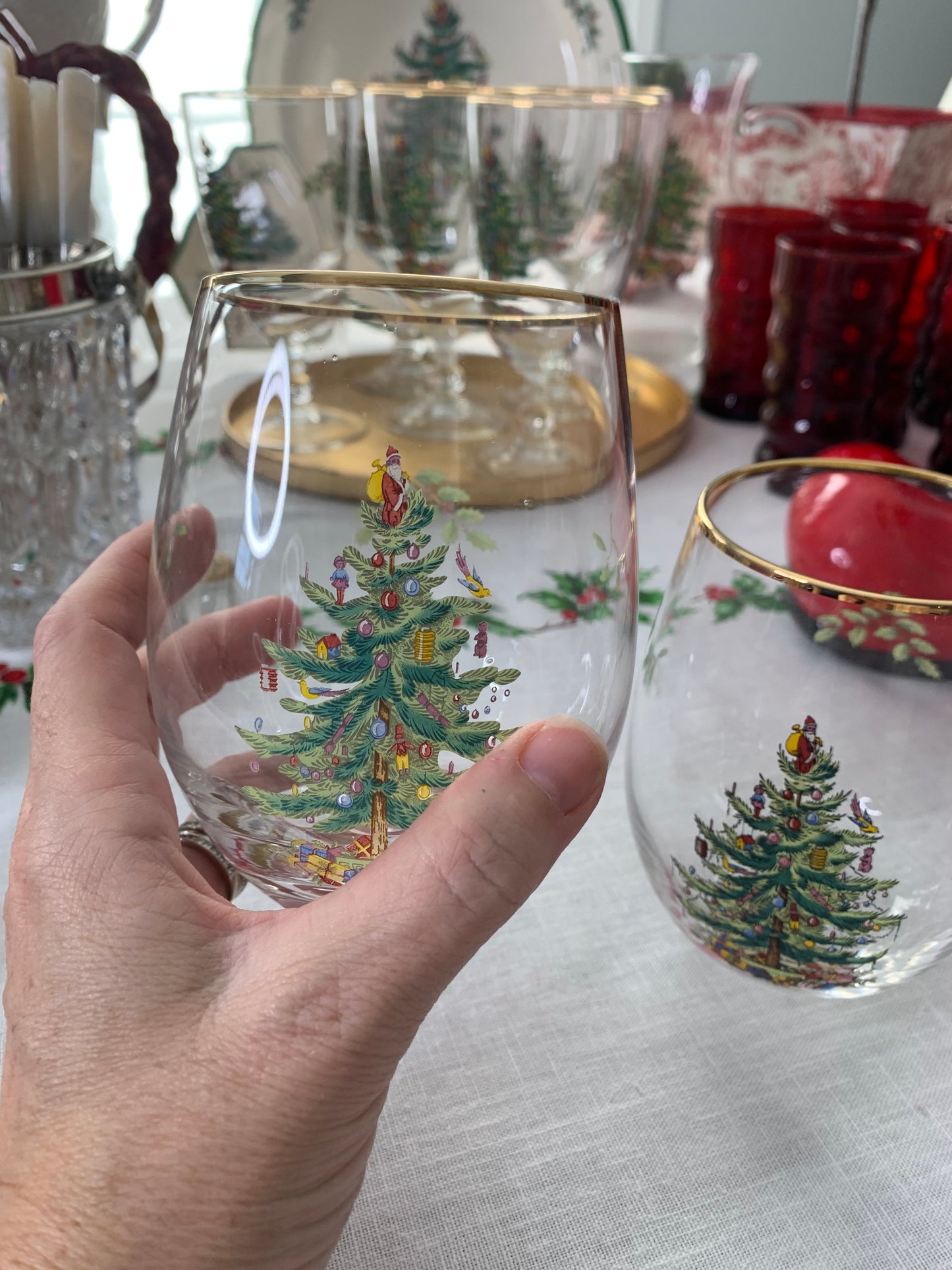 Christmas Tree (Green Or Red Trim) Glassware Stemless Wine by Spode