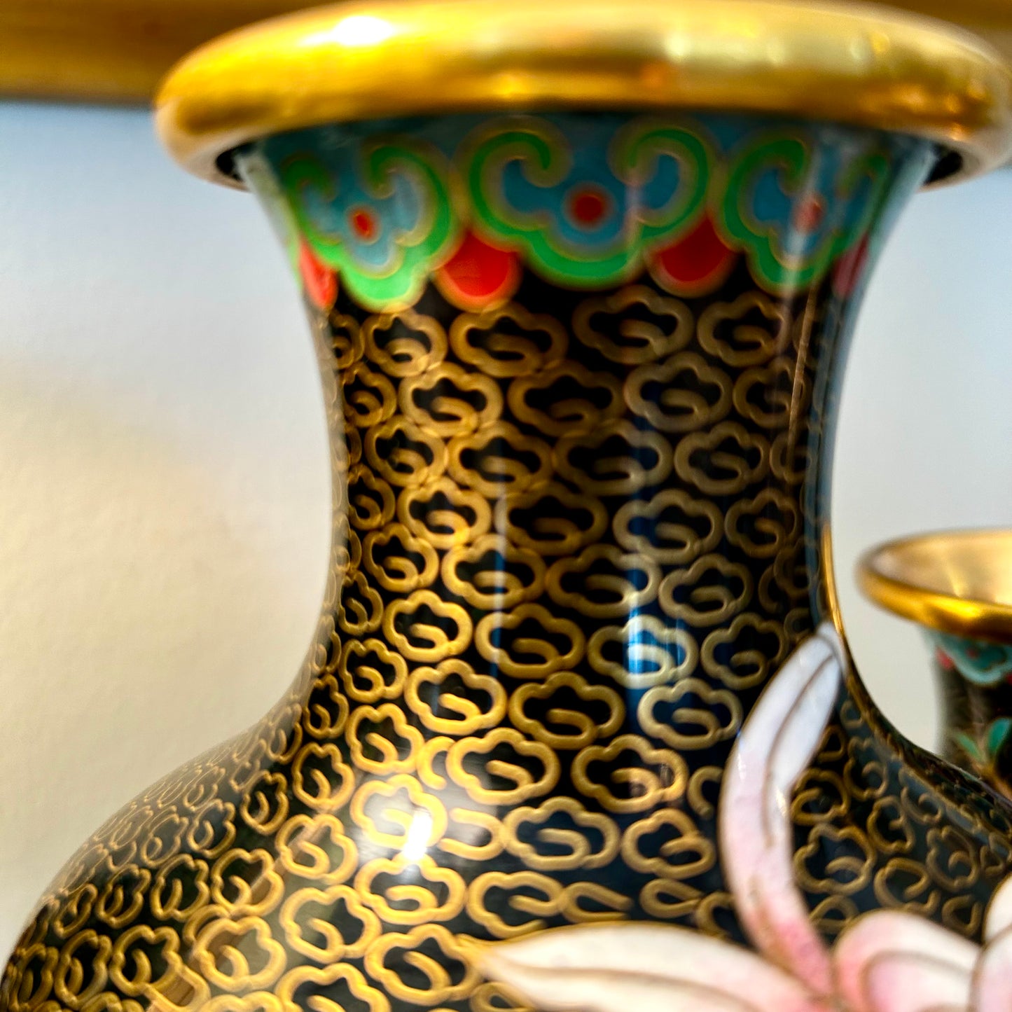 Perfect Pair of vintage brass cloisonné floral  vases.