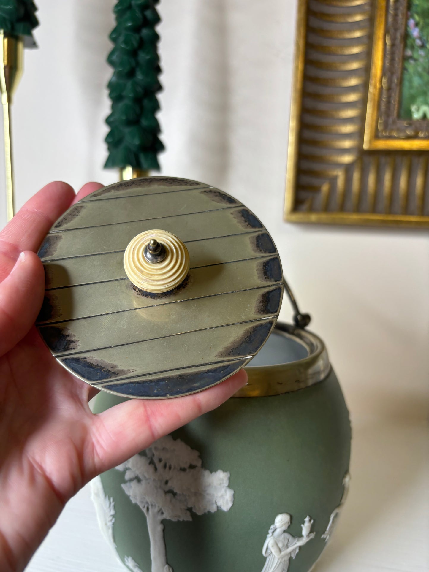 Vintage Green Jasperware Biscuit Barrel!