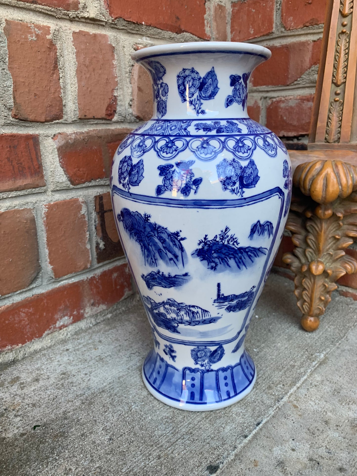 Blue and white floral and scenic 12” vase! - Excellent condition!