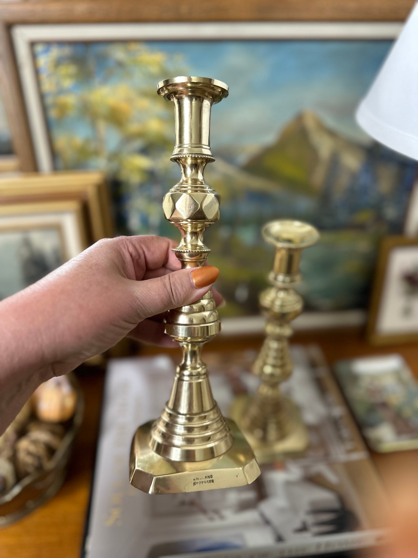 Late 19th Century Victorian Pair of Brass Beehive Candlesticks, Made in England, 9.75”