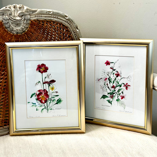 Lovely pair of vintage signed by artist proof lithograph botanical wall art.