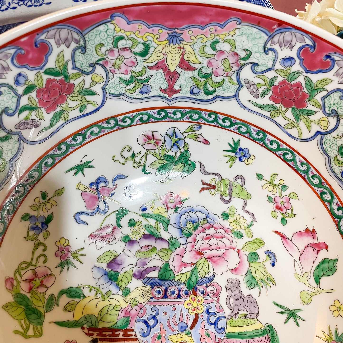 Stunning Large Chinoiserie Famille Rose Centerpiece Bowl 12”