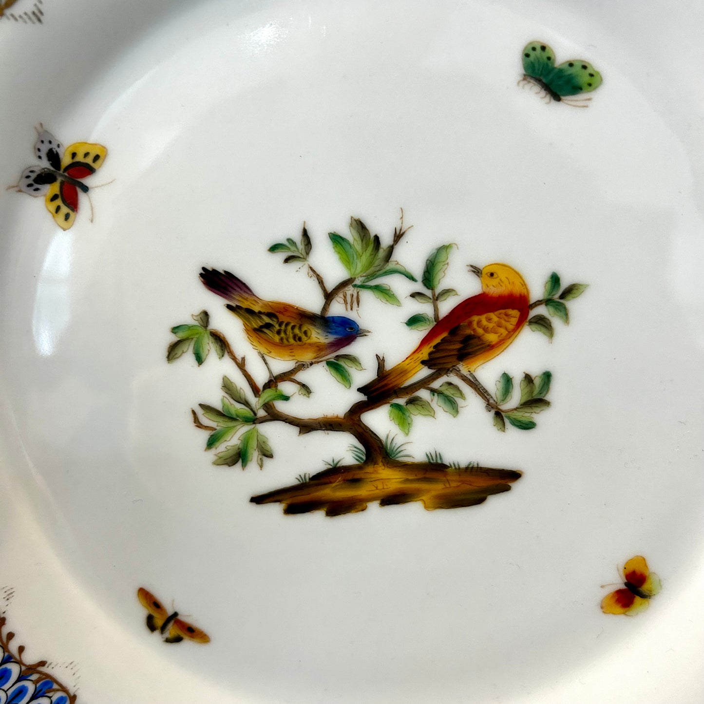 3 Available Gorgeous Large Andrea Sadek Fishnet Blue Banded Dinner Plates w Birds sold each