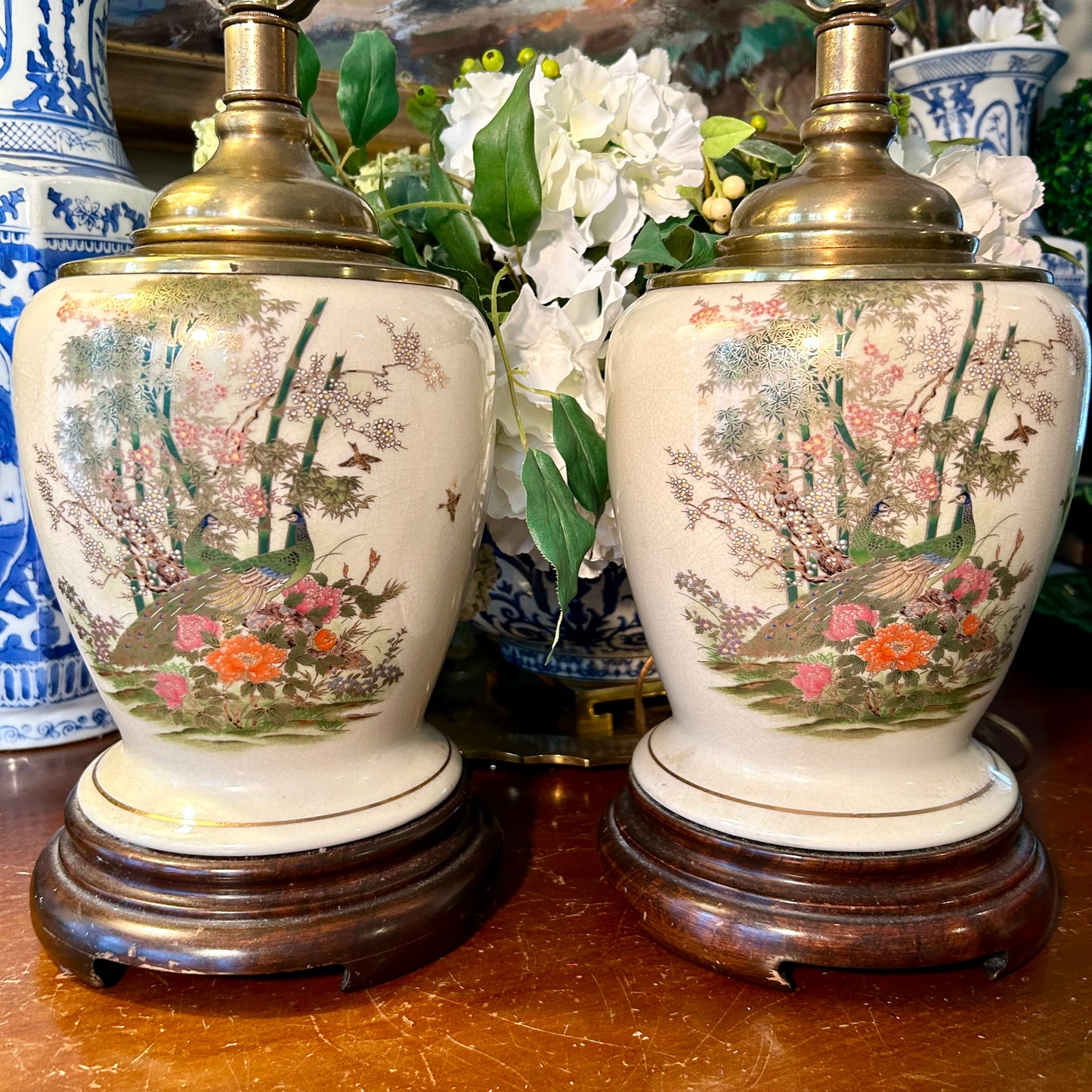 Delightful Pair of vintage chinoiserie botanical ginger jar lamps