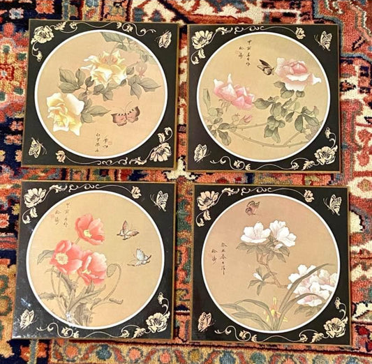 Chic set of 4 chinoiserie Cork wall art. Butterflies & Botanical design