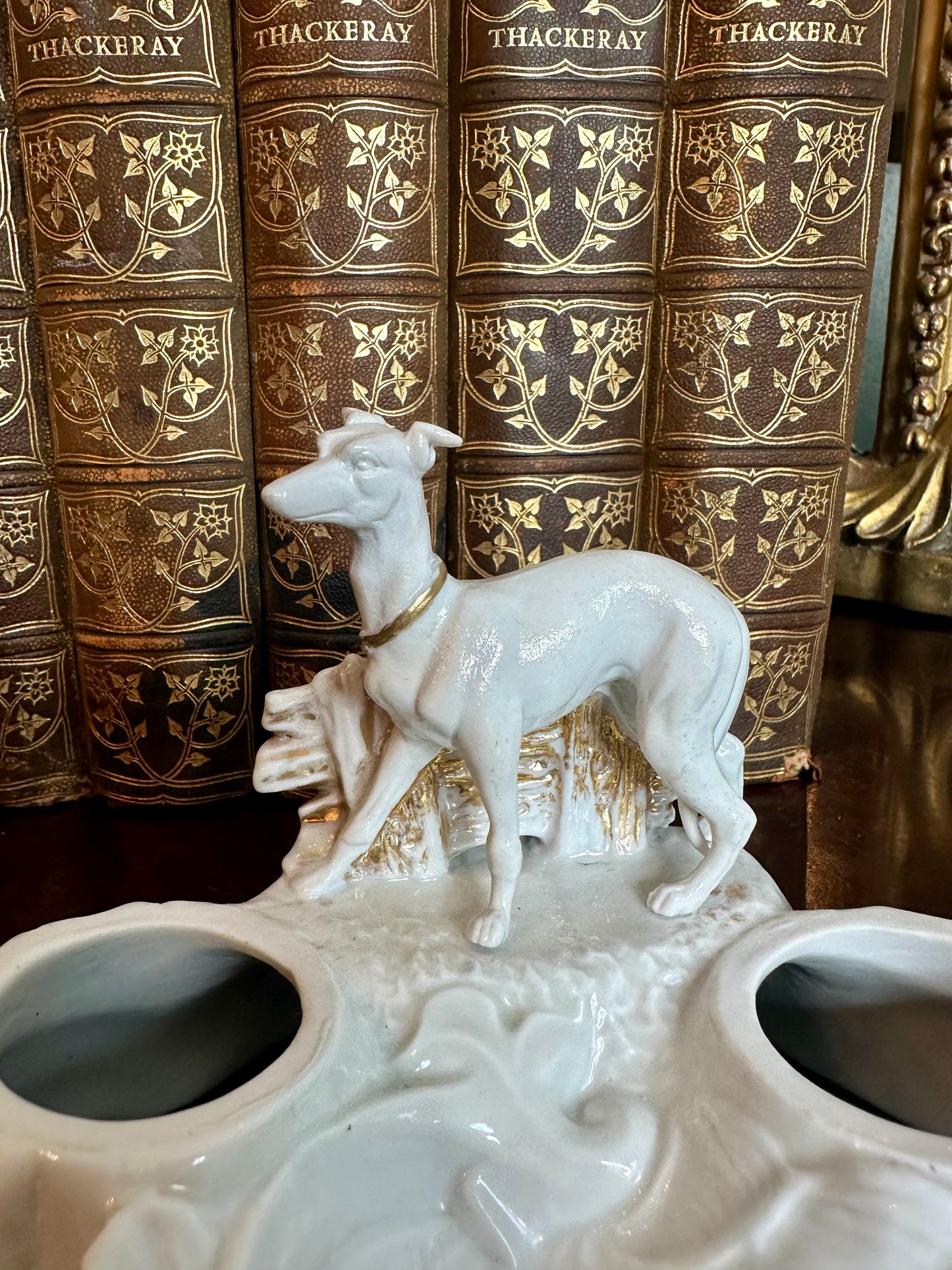 Wonderful 19thc English Staffordshire Greyhound Inkwell Pin Dish