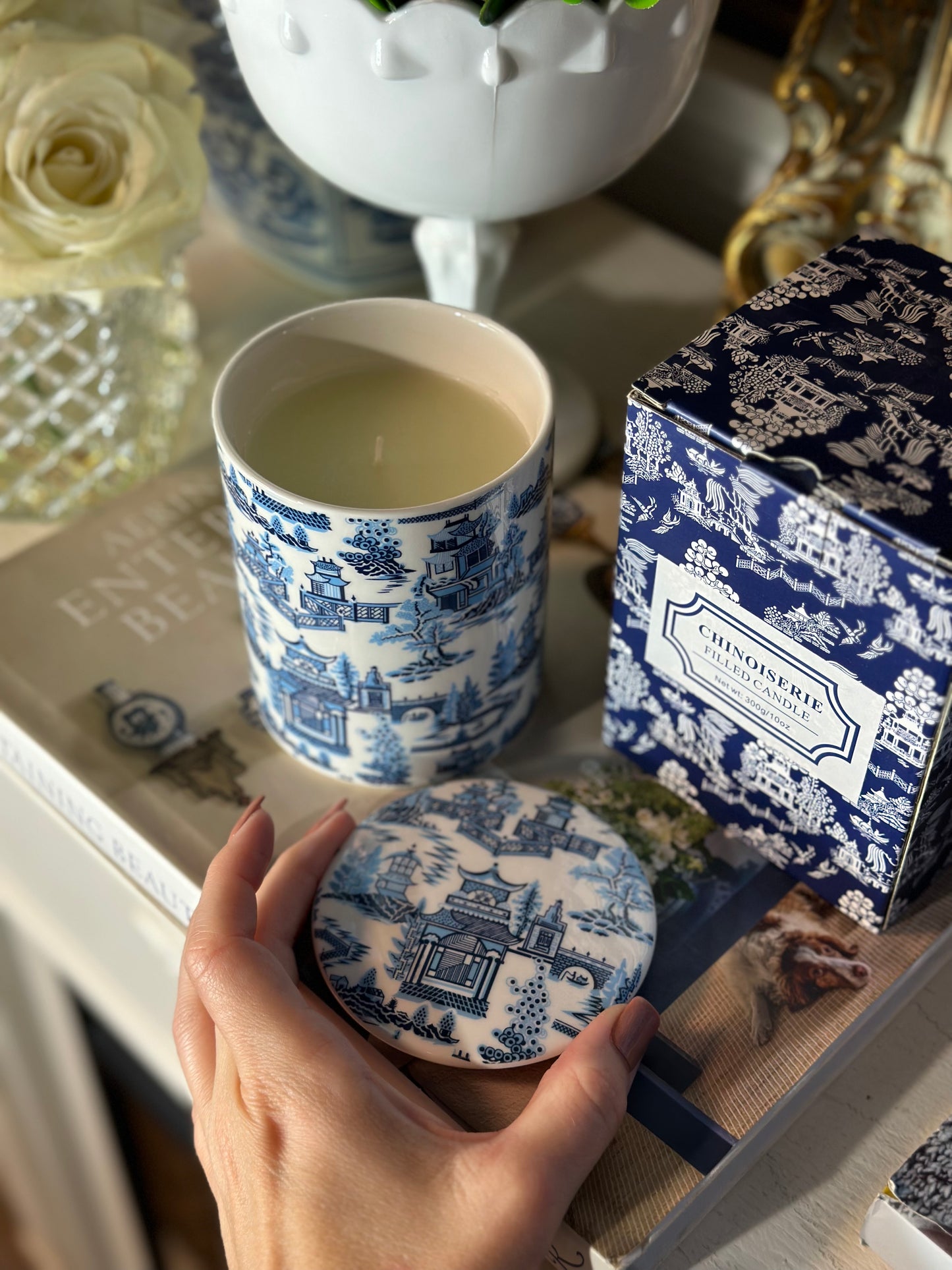 Blue & White Chinoiserie 3-Piece Gift Set: Candle, Bracelet, Ginger Jar Pack