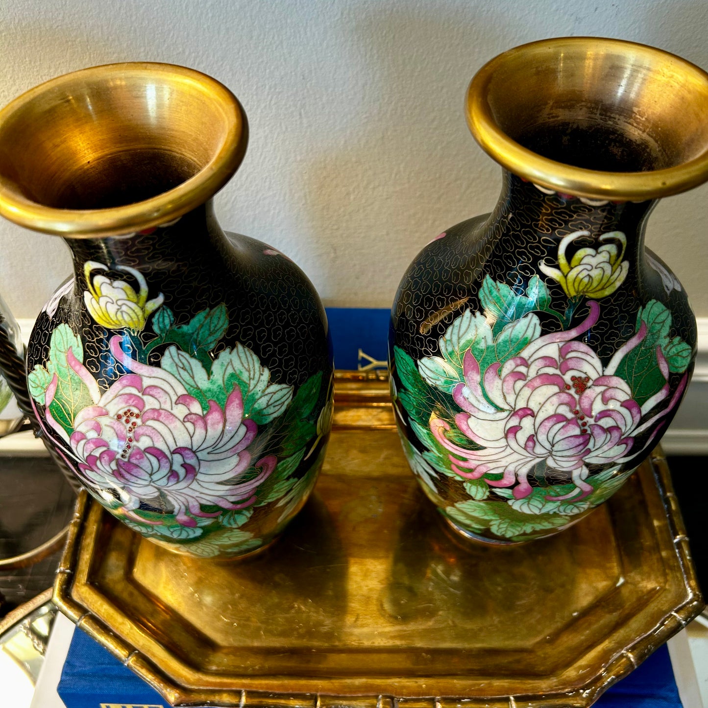 Statuesque Pair of vintage brass & enamel cloisonné ebony vases 9.25 hi