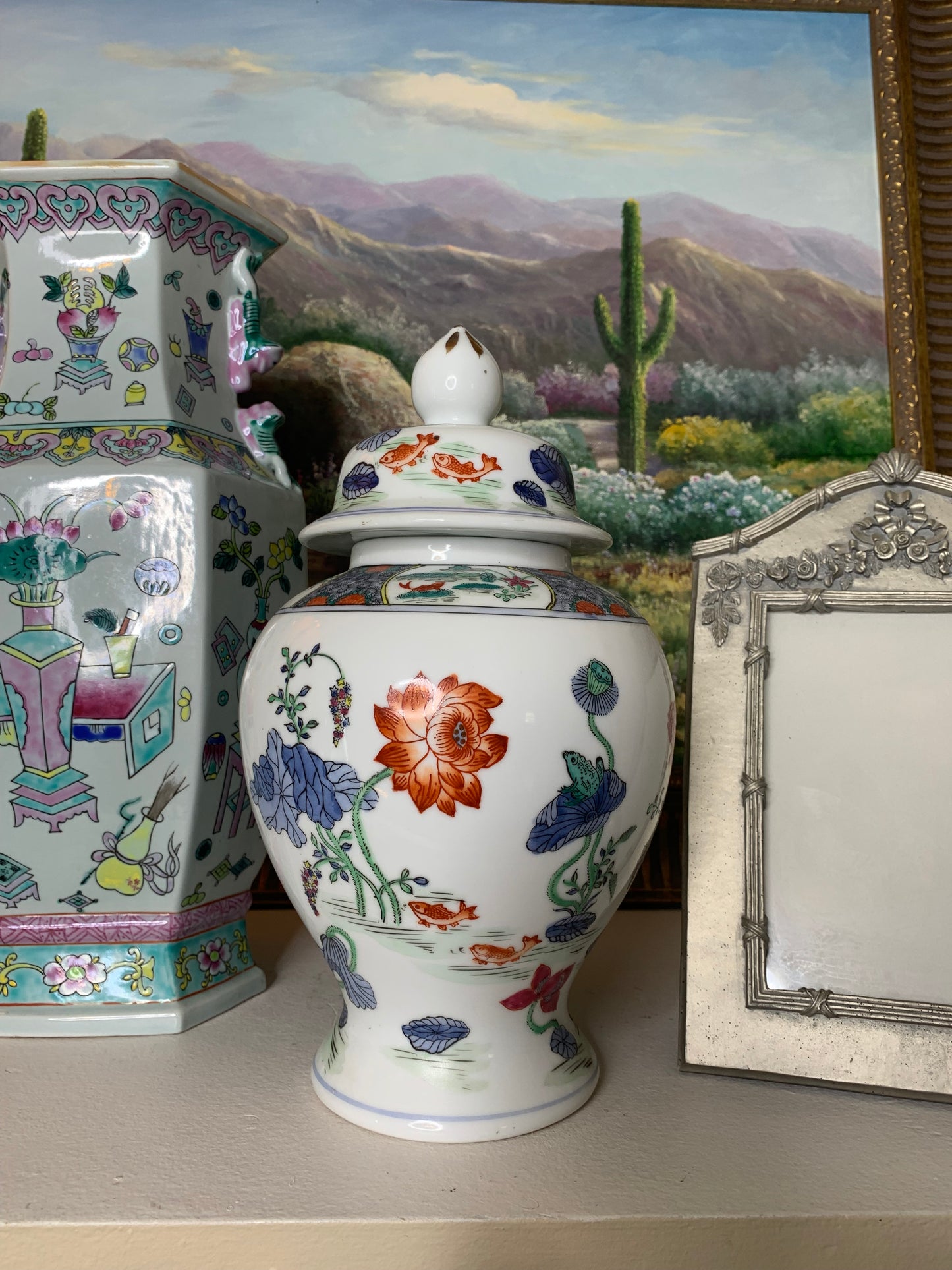 Beautiful floral lidded 12” ginger jar with fish and lily pad frog!