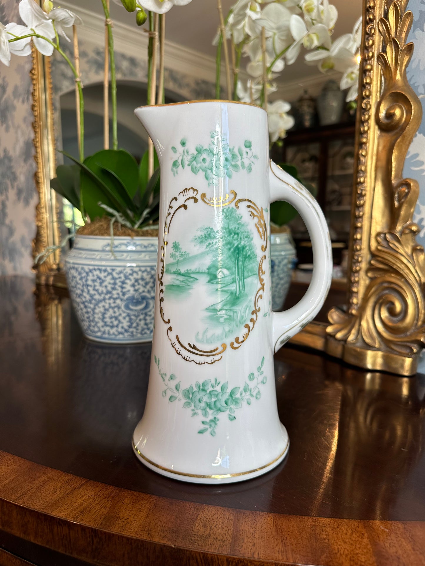 Beautiful Vintage Tall Japanese Pitcher Green Handpainted Landscape