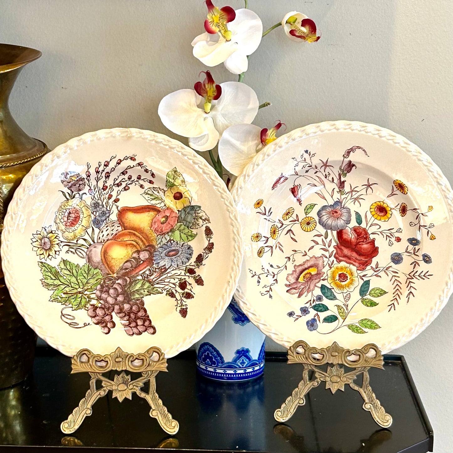 Set of two vintage hand painted fruit floral dinner plates