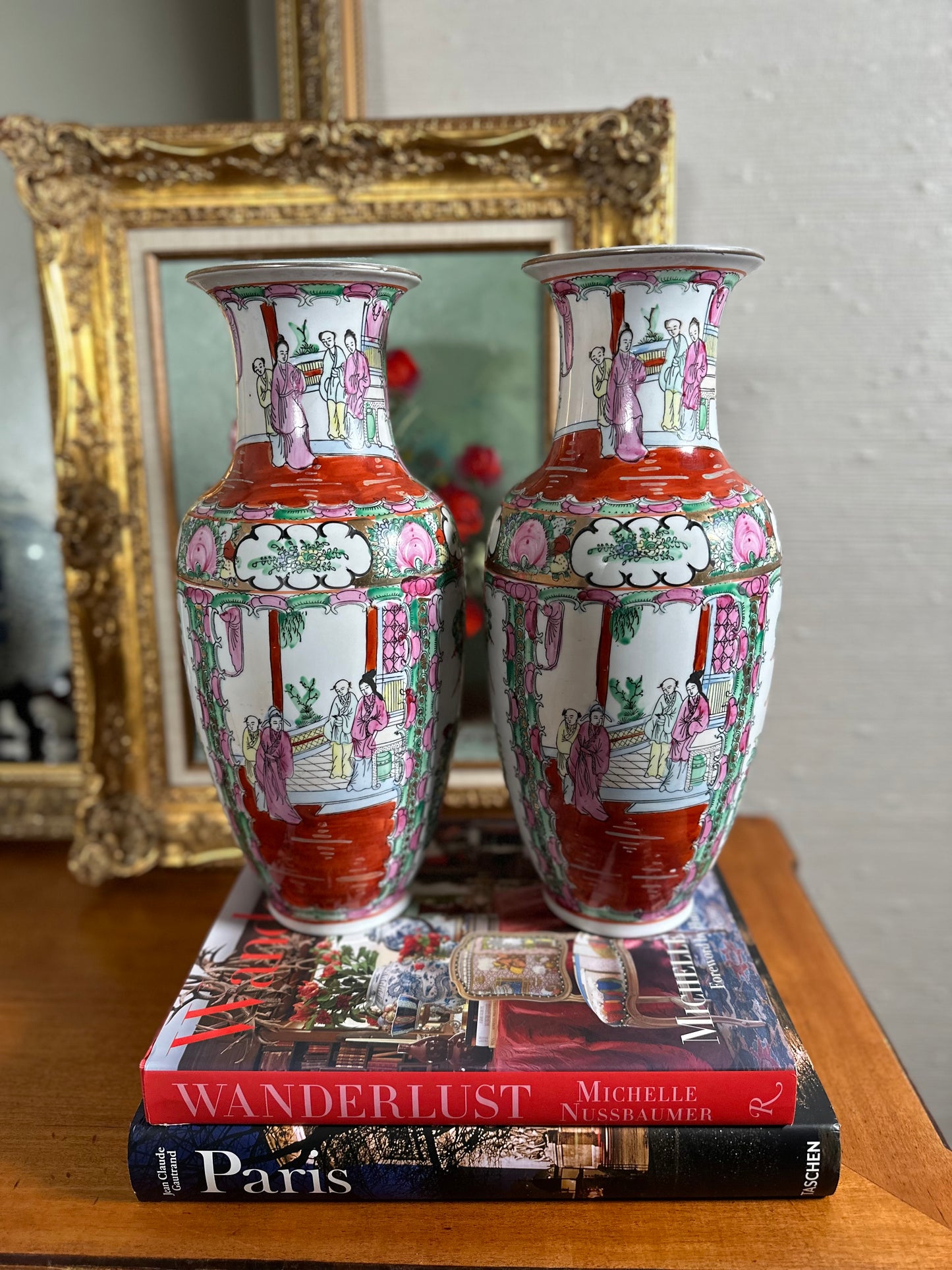 Beautiful Pair of Vintage Chinese Famille Rose Medallion Vases, 14.75”