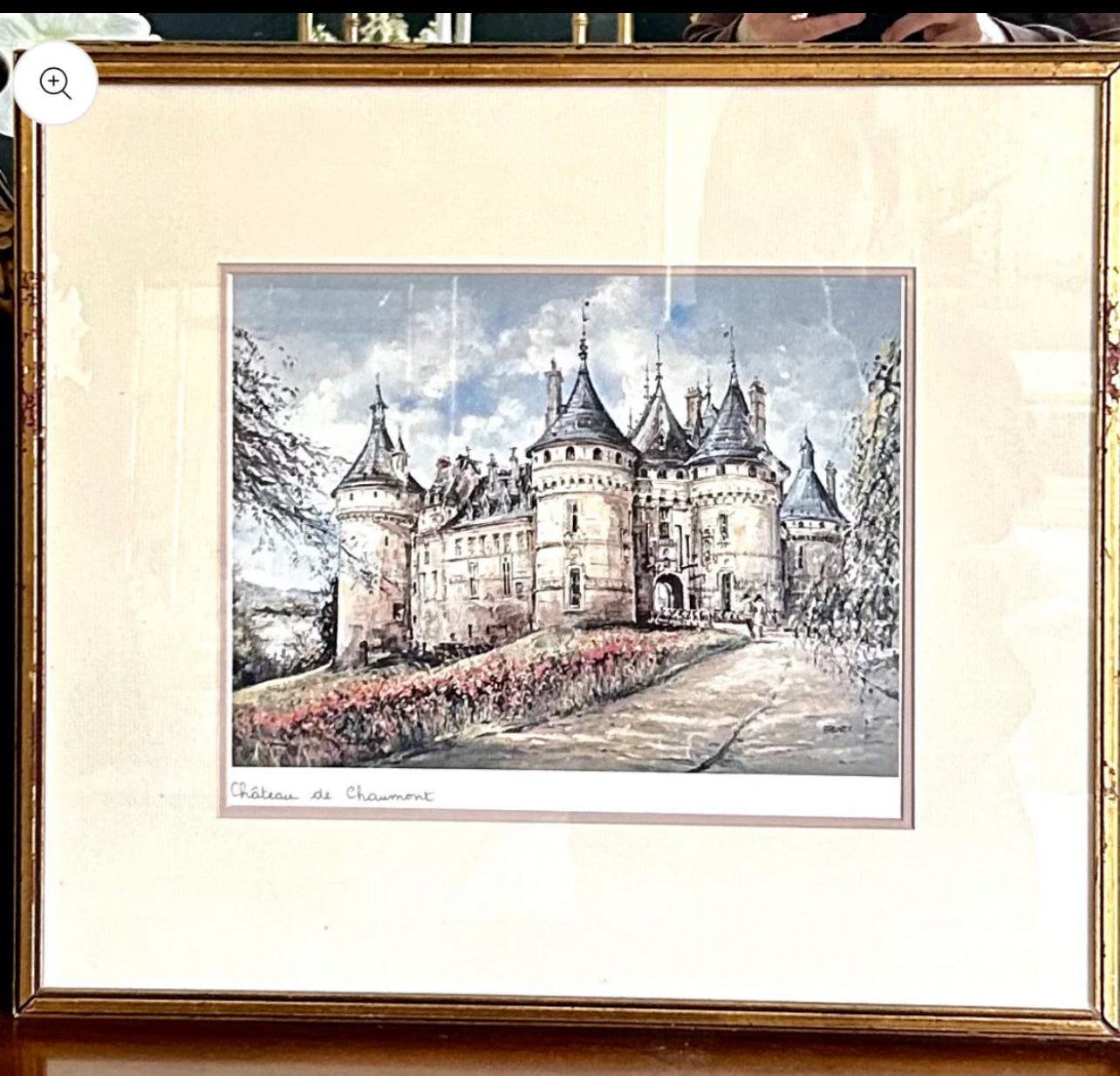 Set of two French  “Chateau de Saymer” and "Chateau de Chaumont" color lithograph prints by artist Brunet wall art, 16x18”