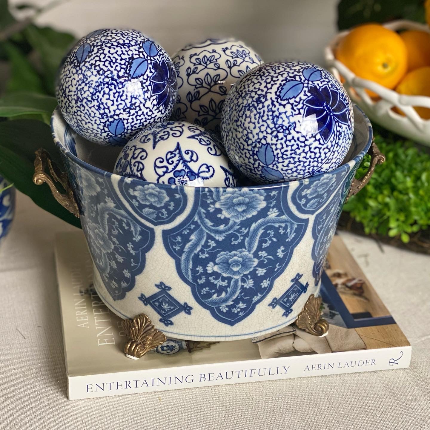 12L X 10.5W X 7H Porcelain Planter in Blue & White W/ intricate bronze handles