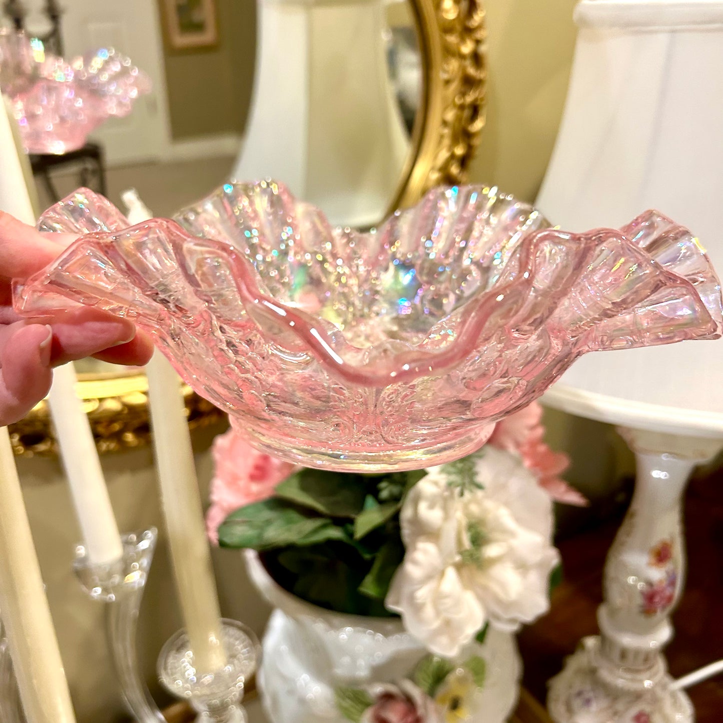 Beautiful pink ribbon carnival glass  vintage bowl centerpiece