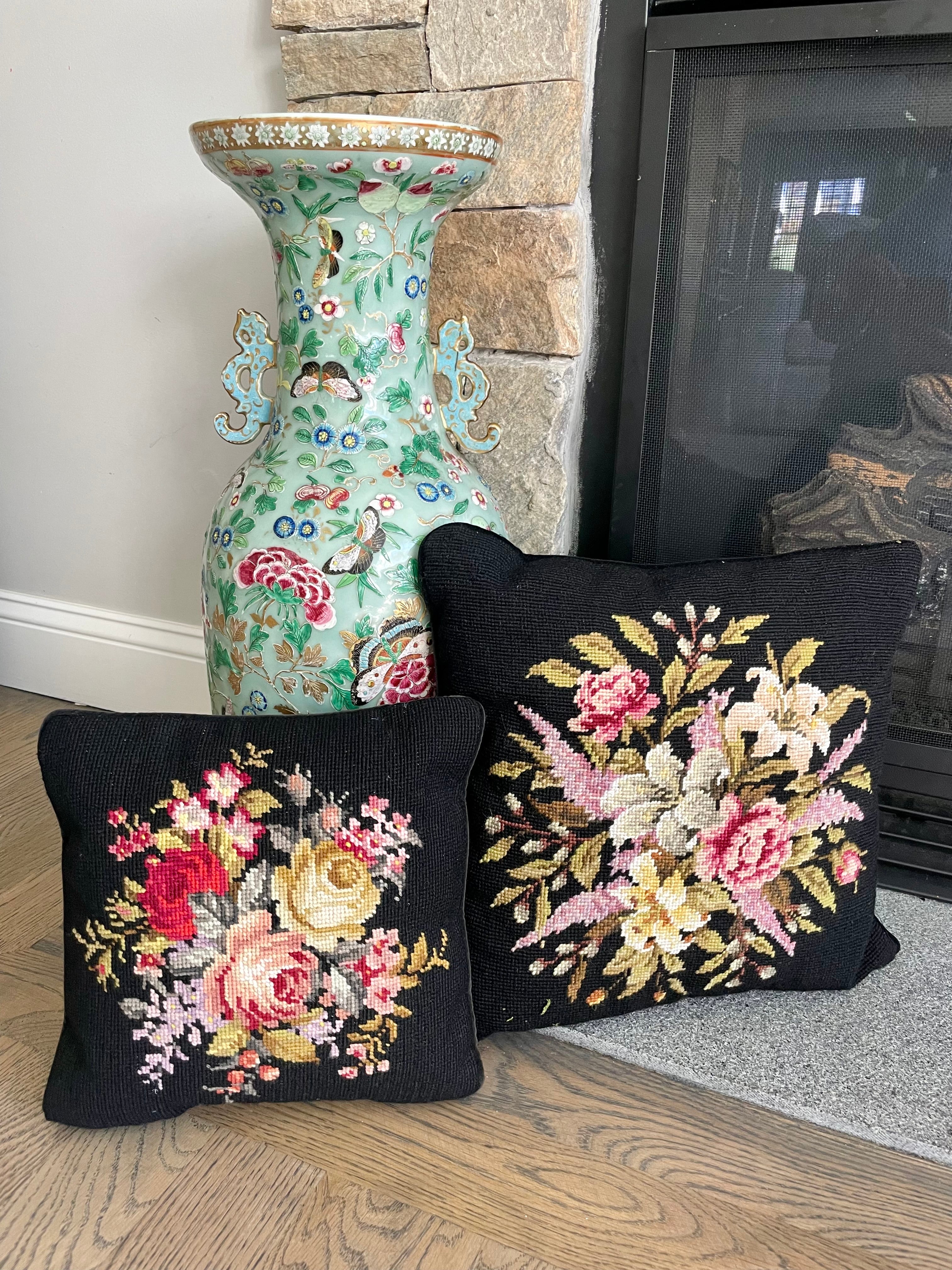 Stunning Vintage Pair of Needlepoint Floral Pillows with Down Insert Velvet Backing