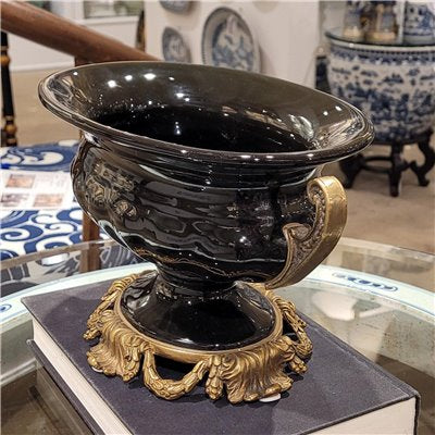 Stunning! Large Black Ebony pedestal urn W/ bronze detailing. Measures: 12Lx6Wx7H