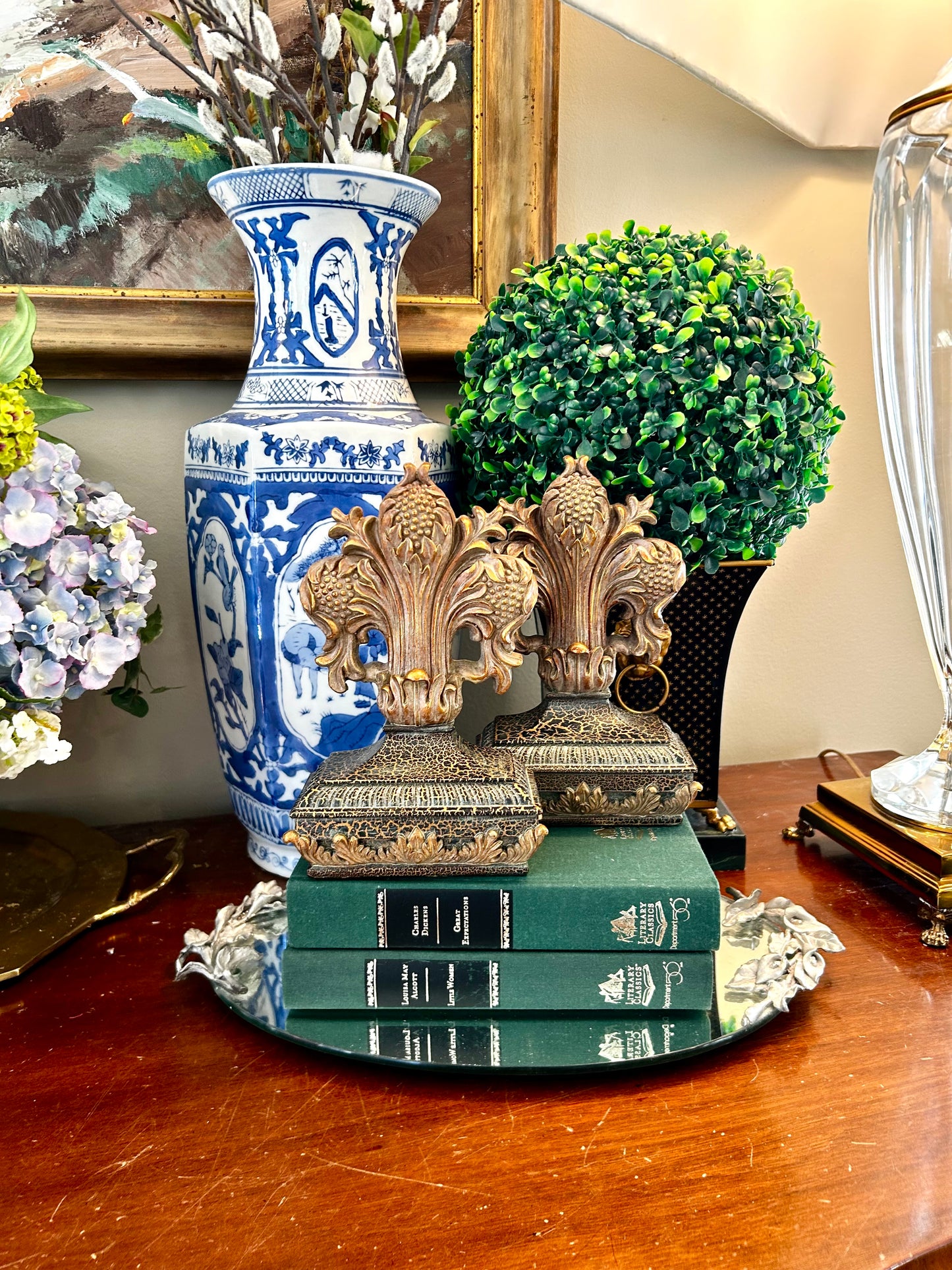 Pair of stunning gold scroll large wood book ends