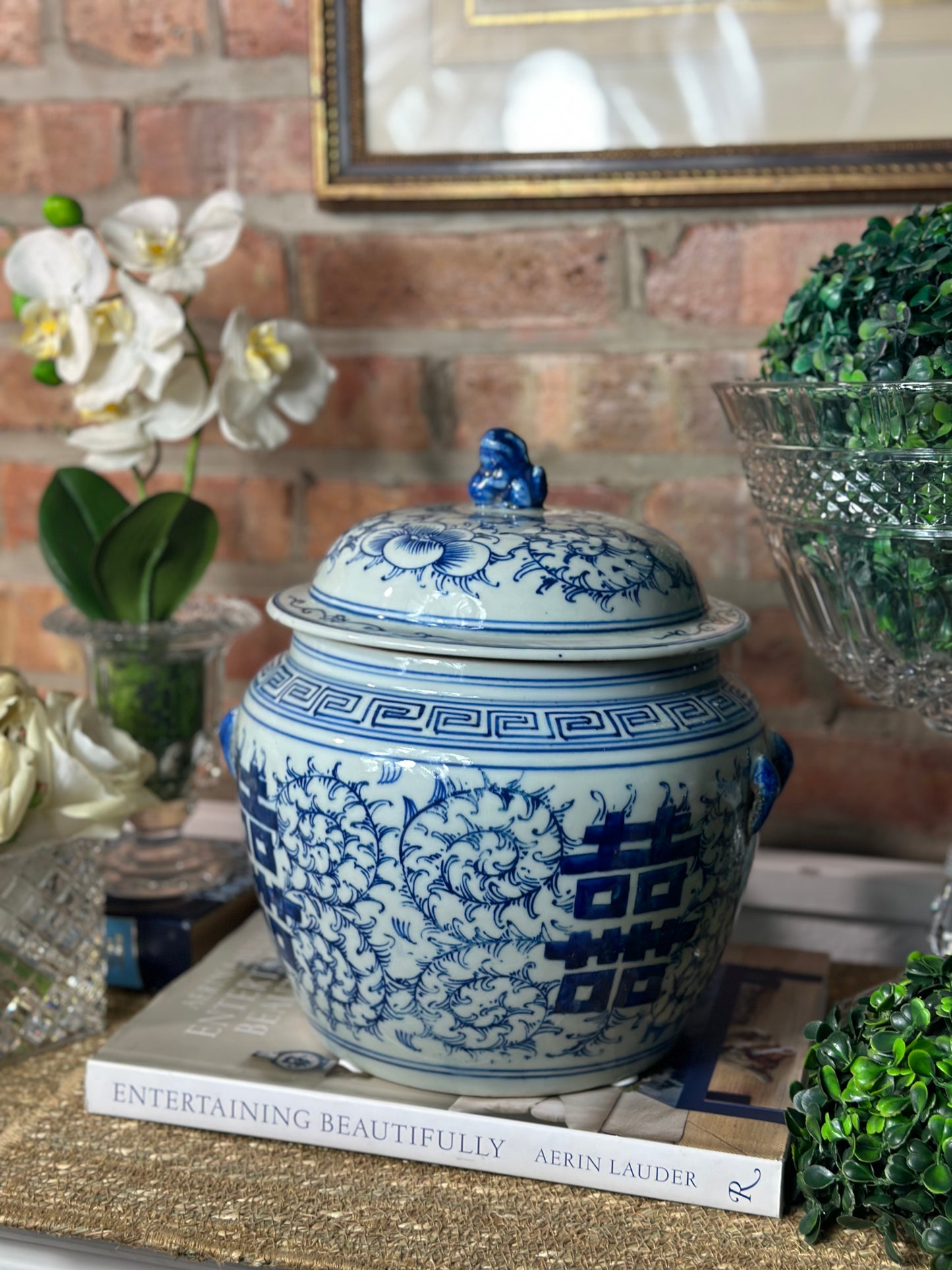 Blue & White Double Porcelain Happiness Lidded Jar, 10" Tall