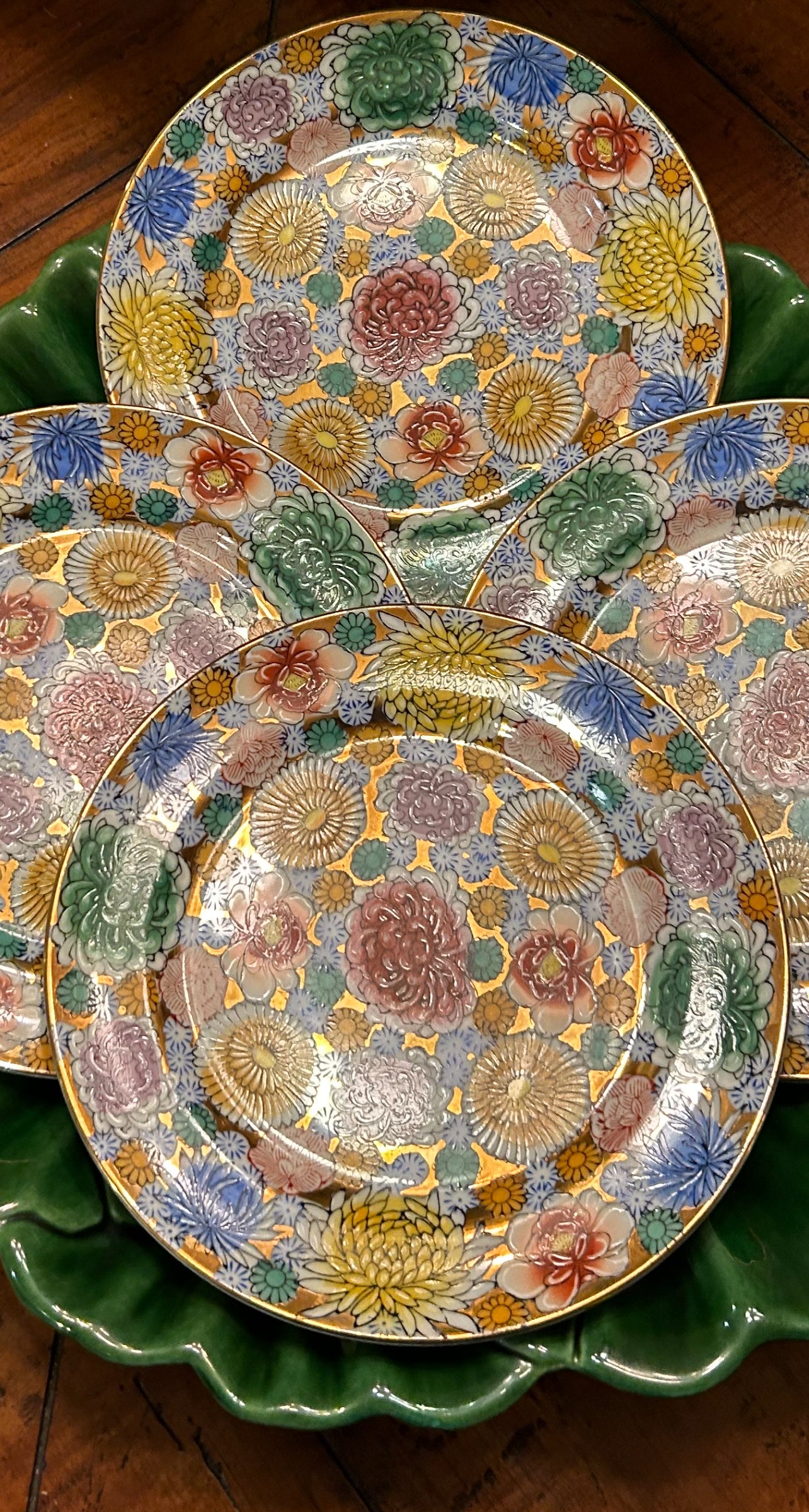 Rare set of 4 chrysanthemum stamped hand painted salad plates