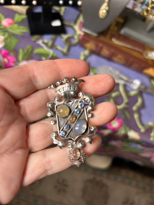 Live12/18 Fabulous Antique Sterling crest with Crown and Moonstones Pin Signed Perruzi and Sterling for Theresa