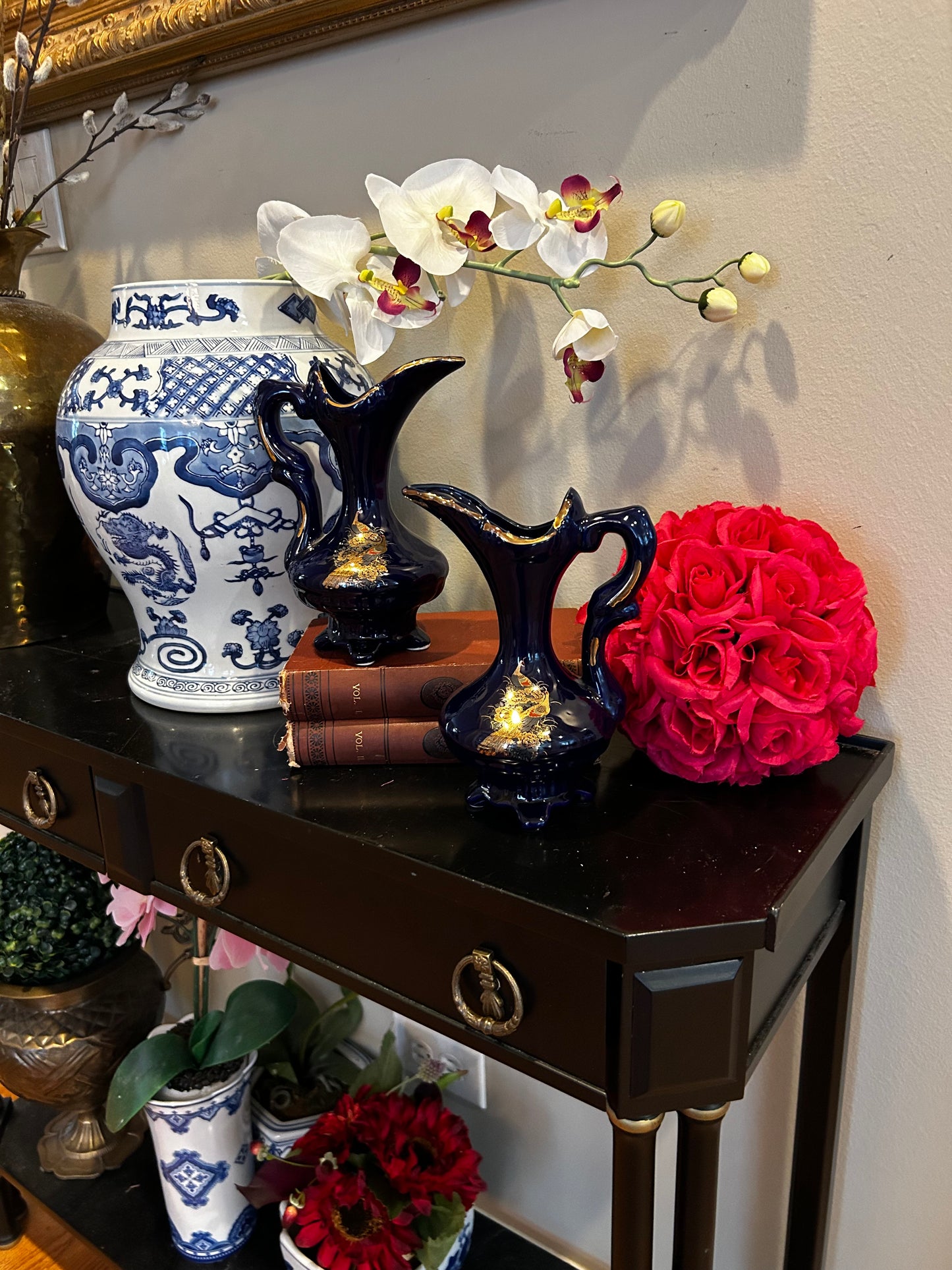 Perfect Pair of vintage cobalt blue chinoiserie floral  vases.