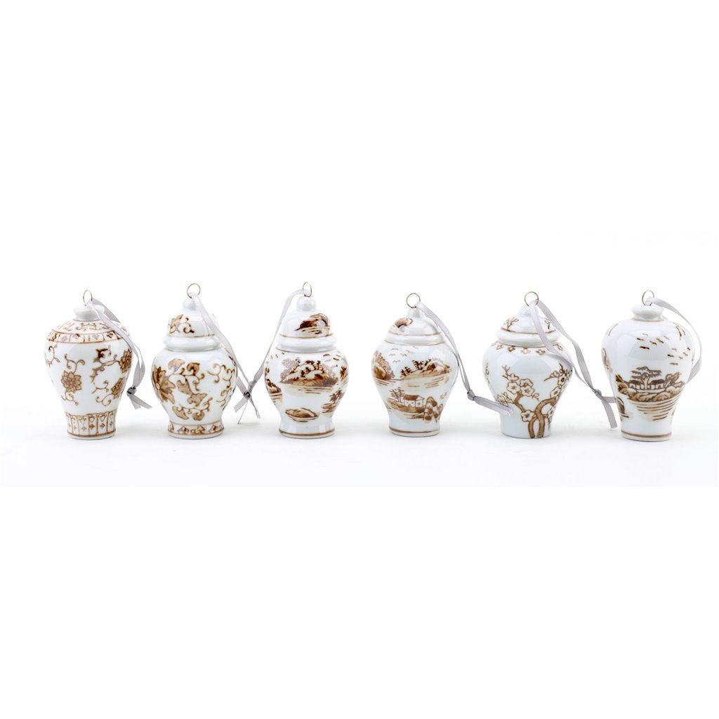 (6) Beige & White Porcelain Ginger Jar Ornament Set, 2.5" Tall