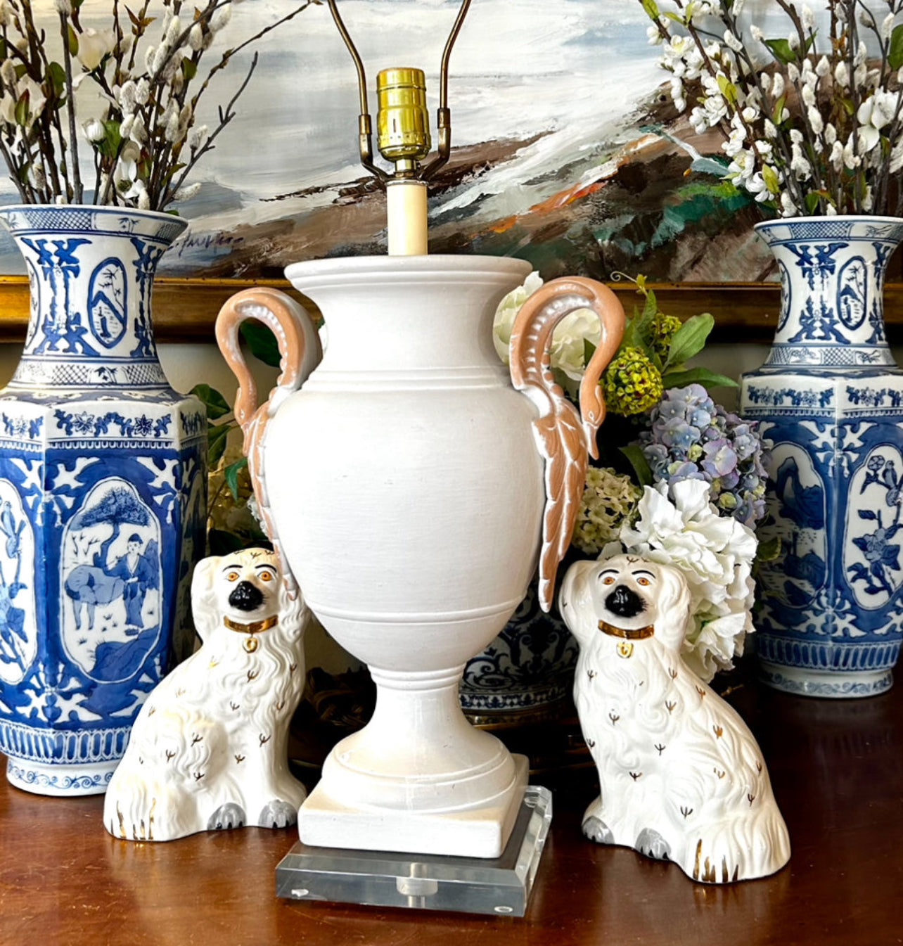 Chic & Stunning swan double handle ceramic  trophy lamp with lucite base. .