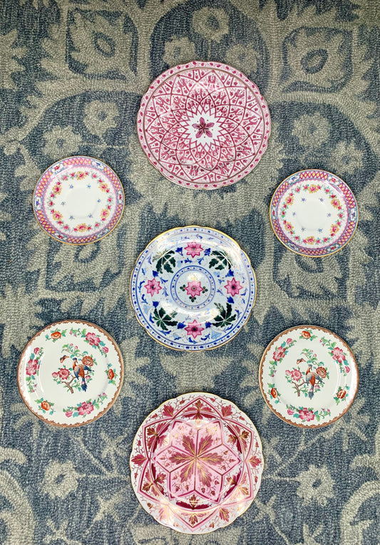 Set (7) Pink and Blue Plates (Dresden, Mintons, and John Maddox & Sons)