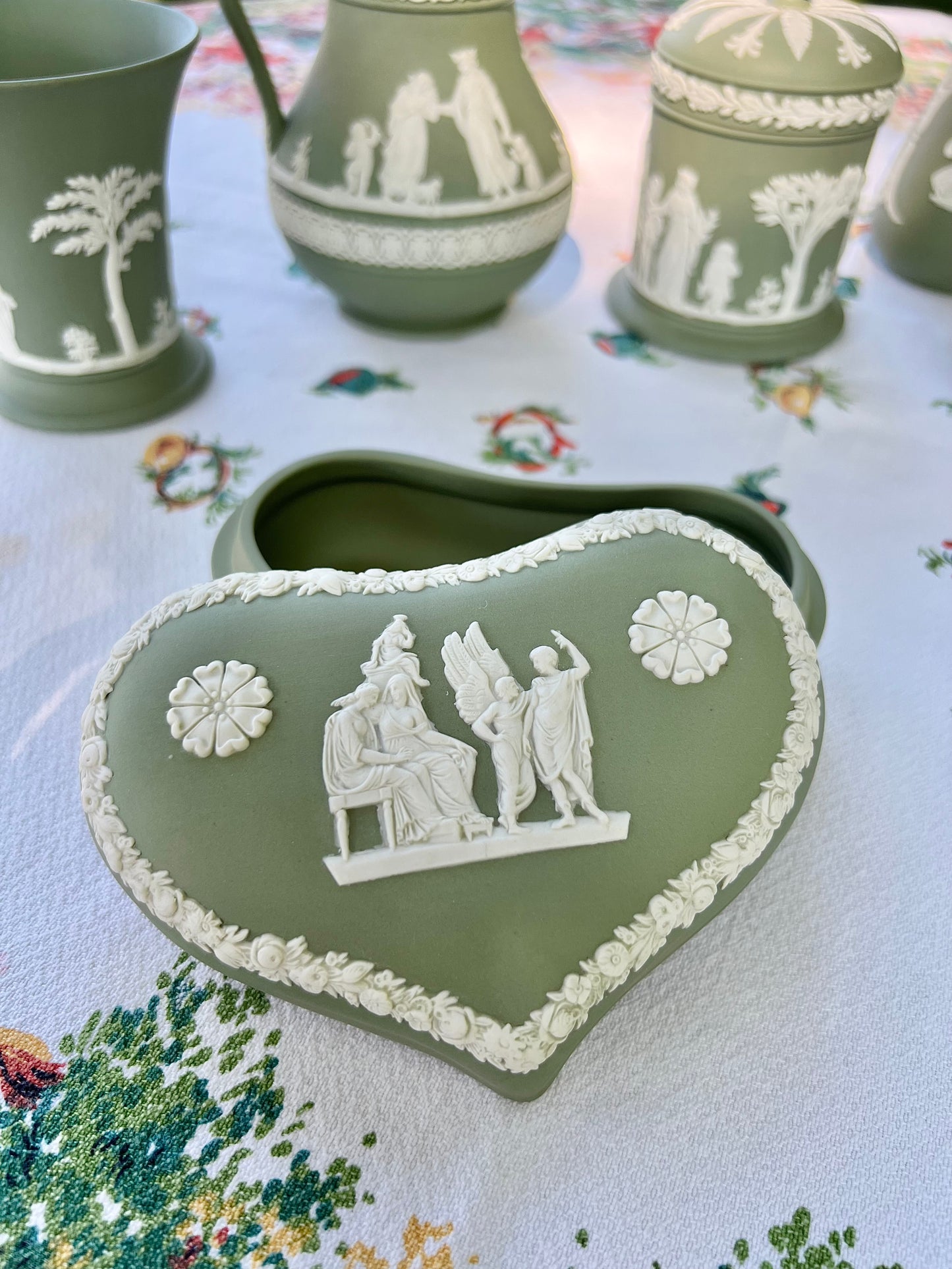 Vintage Green Wedgwood Jasperware Heart Shaped Box - 5.25" x 4"