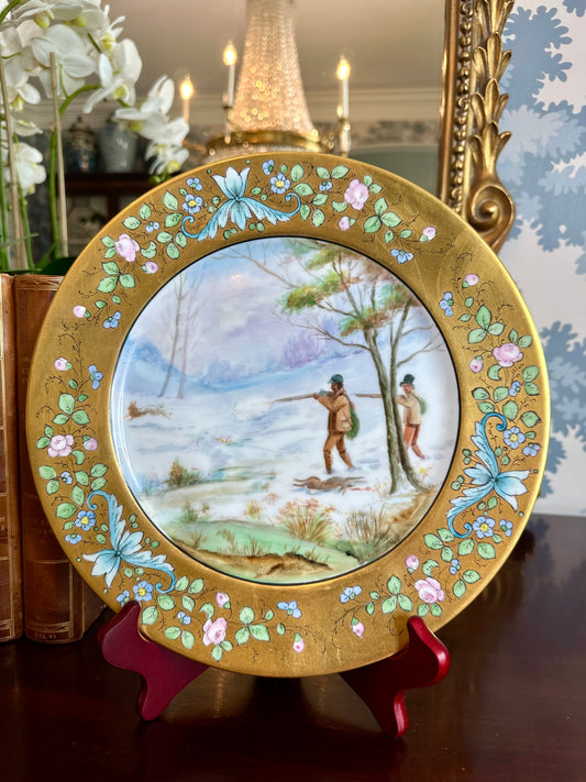 Vintage German Painted Equestrian Cabinet Plate “Hare Shooting”