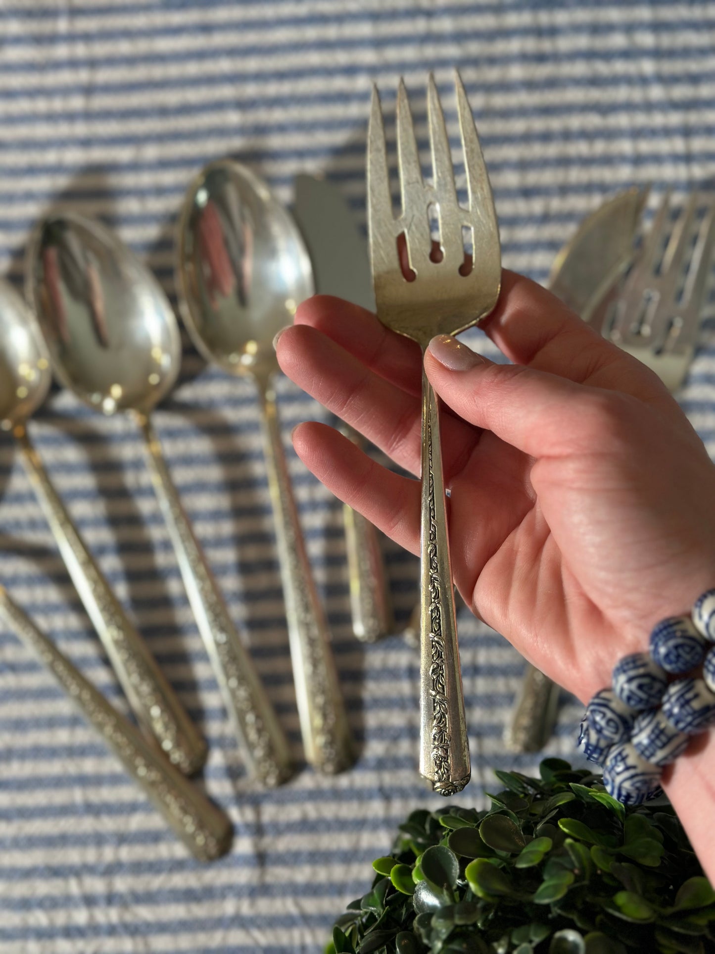 Antique Sterling “Ramker Rose” by Towle. 8 pcs. Total. Butter knife, pie server, (4) serving spoons, (2) meat forks included.