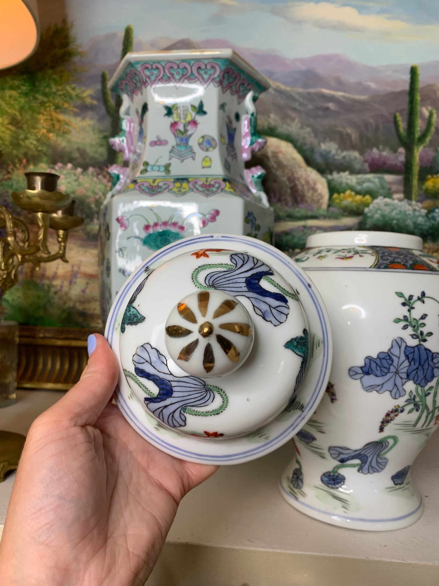 Beautiful floral lidded 12” ginger jar with fish and lily pad frog!