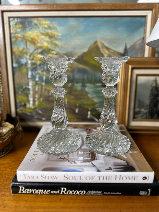 Stunning Early 20th Century Vintage Baccarat Bambous Crystal Candlesticks Pair, Made in France, 9"