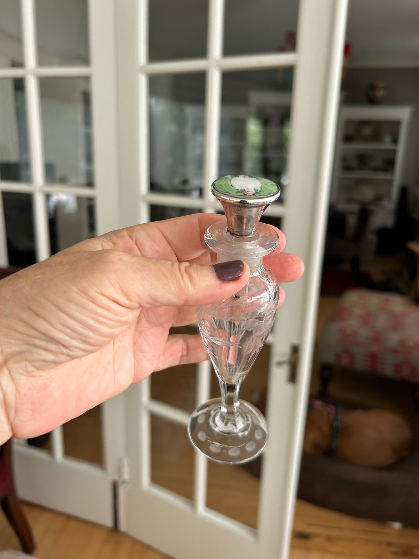 Pair of Hand Engraved Crystal Perfume Bottles with Sterling Guilloche Enamel Stoppers! Can be sold as a pair or separately for 165 each