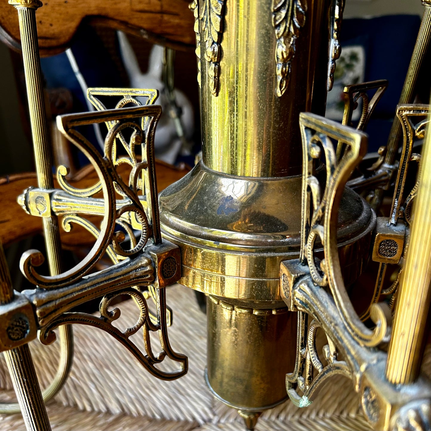 Vintage brass fretwork 6 arm chandelier