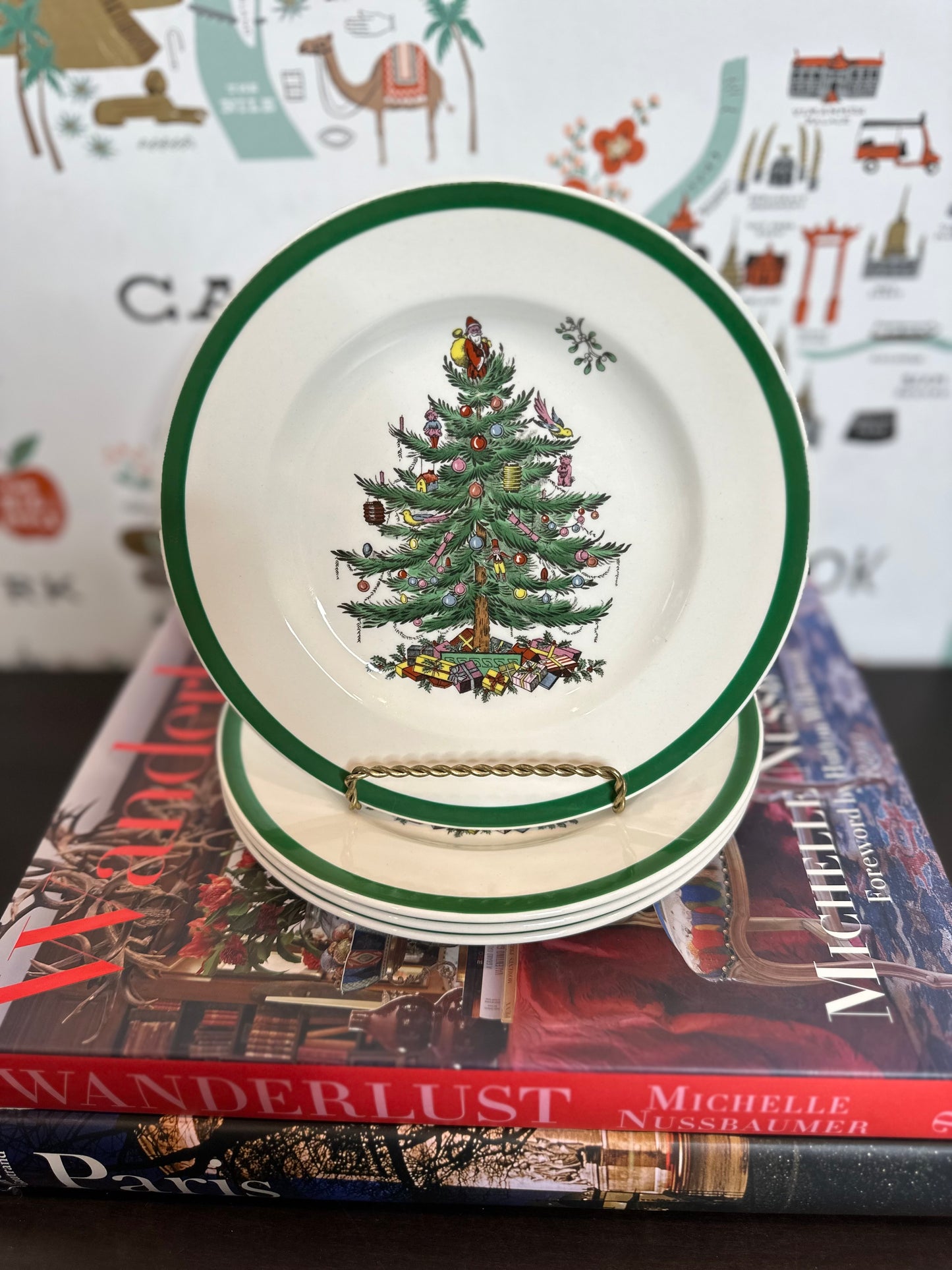 Vintage Spode Christmas Tree Salad Plates, Set of 4, Made in England, 7.75"