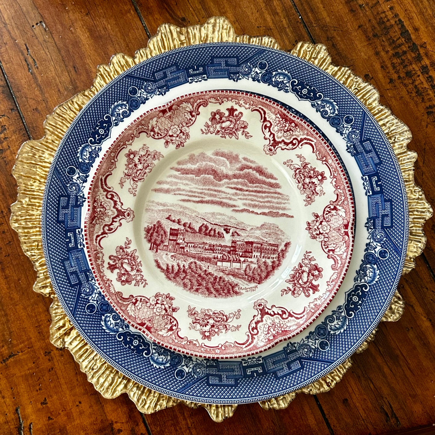 Set of 11 Johnson Brothers Of England pink / red & white toile salad dessert plates 8 in