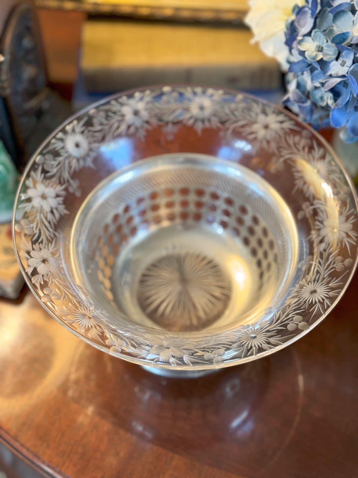 19th c. Sterling Reticulated Bowl with Antique Floral Etched Glass Insert