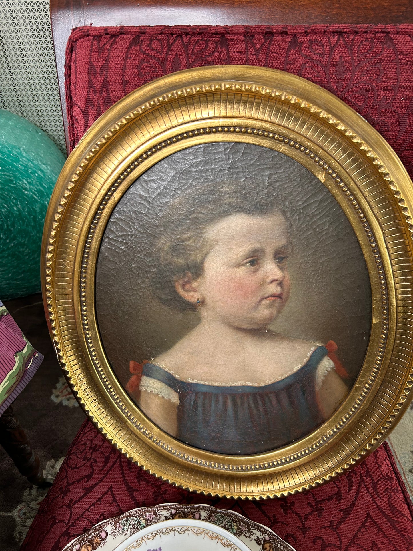 18 by 21” Oil Painting of a Young Girl in a Gilded Oval Frame!