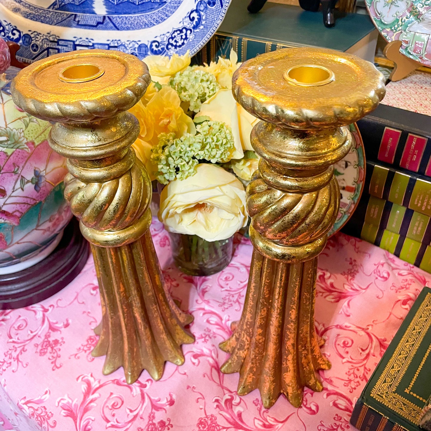 Reserved Pair Gilt Ceramic Candlesticks