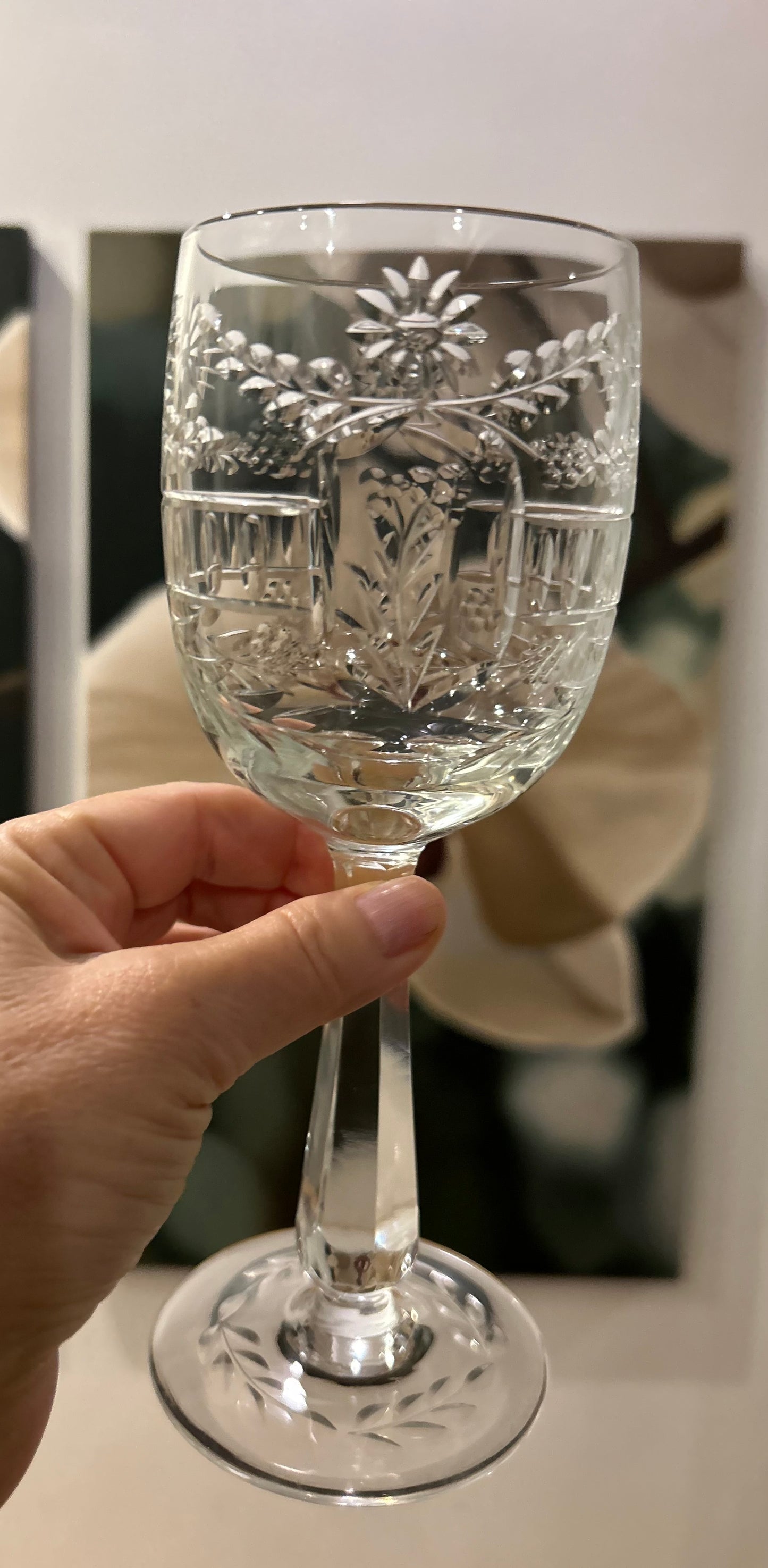 Gorgeous Set of 8 Hand Engraved Crystal Wine Glasses