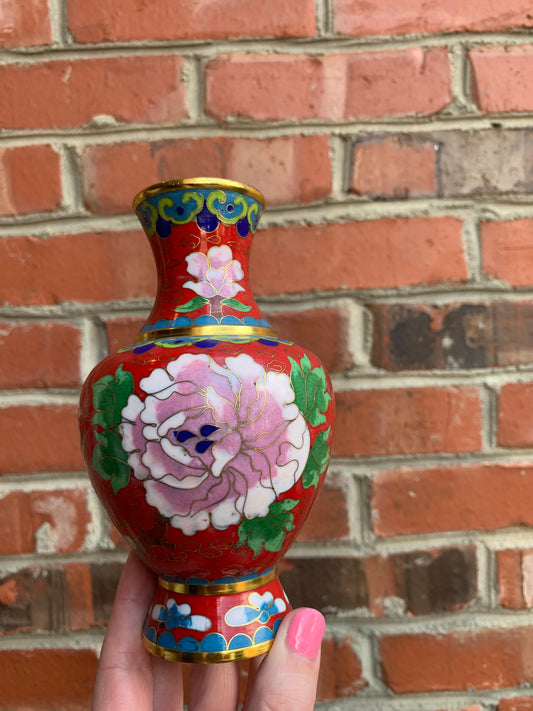 Cloisonné vase with Beautiful florals and a large pink flower! - Excellent condition!